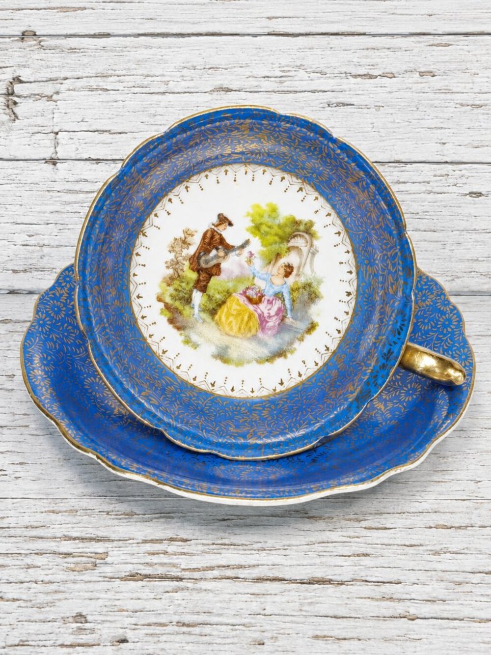 RARE Occupied Japan Teacup &Saucer Blue Gold Chintz Courting Couple Hand Painted